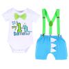 1st Birthday Outfit for Boys Gentleman Bowtie Romper+Diaper Cover Shorts+Y-Back Suspenders 3pcs Set First Birthday Party Cake Smash Dinosaur Fancy Costume Photo Shoot Blue-1st Boxer 12-18 Months view 1