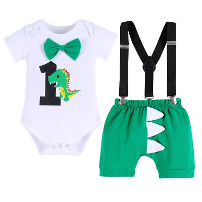 1st Birthday Outfit for Boys Gentleman Bowtie Romper+Diaper Cover Shorts+Y-Back Suspenders 3pcs Set First Birthday Party Cake Smash Dinosaur Fancy Costume Photo Shoot Green-1 Boxer 6-12 Months