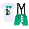 1st Birthday Outfit for Boys Gentleman Bowtie Romper+Diaper Cover Shorts+Y-Back Suspenders 3pcs Set First Birthday Party Cake Smash Dinosaur Fancy Costume Photo Shoot Green-1 Boxer 6-12 Months view 1