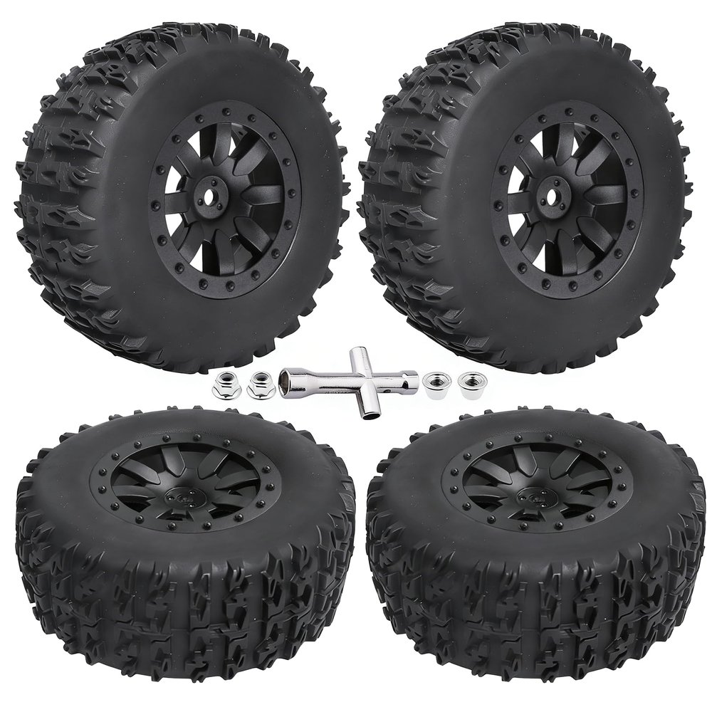 FriHobby Pre-Glued 1/10 RC Short Course Truck Tires and Wheels Set 12mm Hex for Traxxas Slash 4x4 BL-2S 2WD Redcat Blackout SC Losi SCT Team Associated SC10 HPI, with Foam Inserts (Type 1)