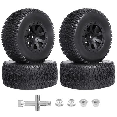 FriHobby Pre-Glued RC 1/10 Short Course Truck Tires and Wheels Set 12mm Hex for Traxxas Slash 4x4 BL-2S 2WD Losi SCT Redcat Blackout SC HPI, with Foam Inserts