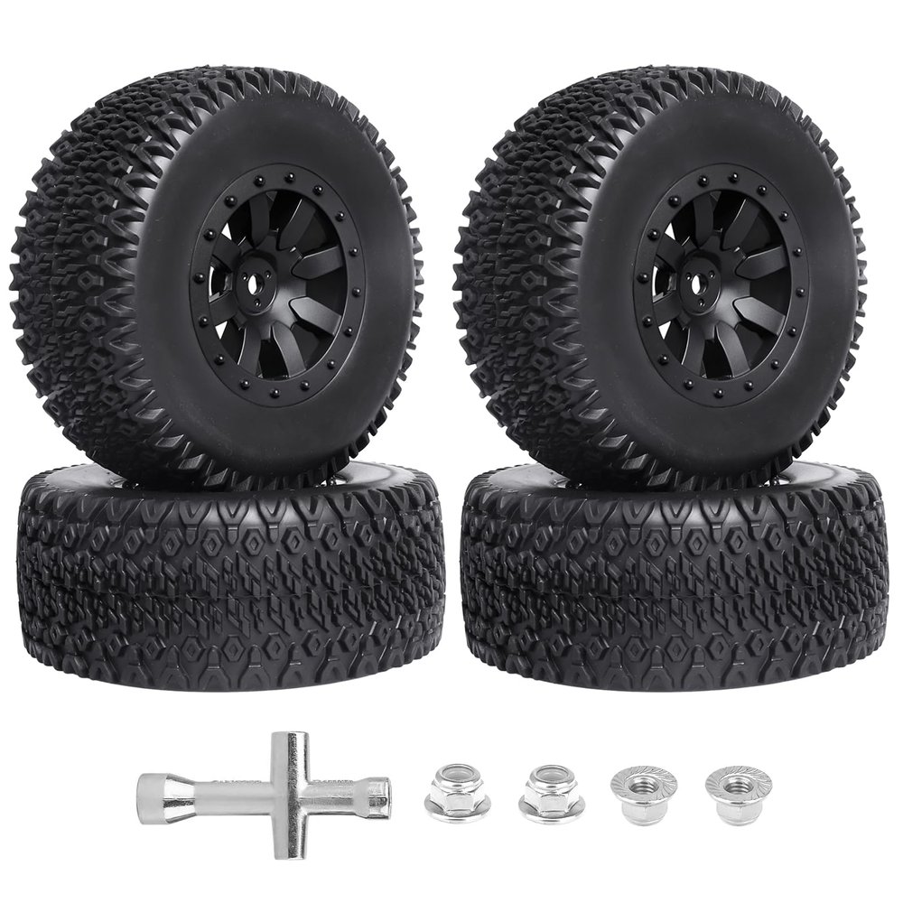 FriHobby Pre-Glued RC 1/10 Short Course Truck Tires and Wheels Set 12mm Hex for Traxxas Slash 4x4 BL-2S 2WD Losi SCT Redcat Blackout SC HPI, with Foam Inserts