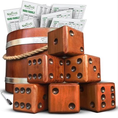 SWOOC Games - Yardzee, Farkle, & 20+ Giant Dice Games (All Weather) with Wood Bucket, 5 Scorecards, & Marker - Yard Dice Outdoor Game for Family - Giant Backyard Game Set - Outside Jumbo Lawn Fun