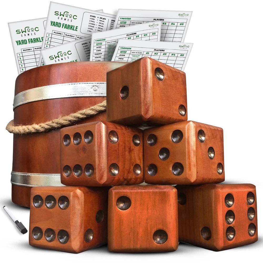 SWOOC Games - Yardzee, Farkle, & 20+ Giant Dice Games (All Weather) with Wood Bucket, 5 Scorecards, & Marker - Yard Dice Outdoor Game for Family - Giant Backyard Game Set - Outside Jumbo Lawn Fun