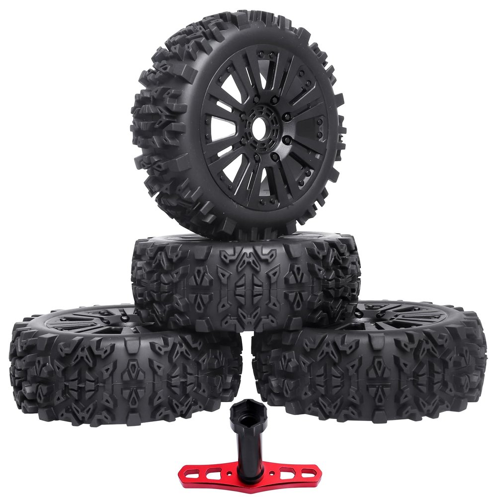 Pre-Glued 1/8 Mounted Buggy Tires and Wheel Rims Sets with Foam Inserts Spoke Black for Arrma Typhon 3S 6S Senton Losi 8IGHT Team Associated HPI Kyosho, 4PCS