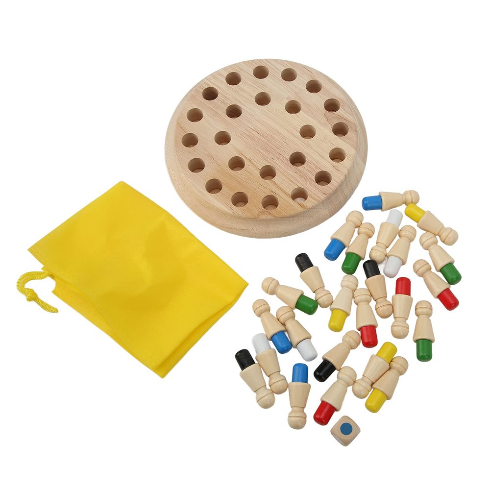 Alomejor Memory Matchstick Chess Set, Educational Wooden Game with 24 Pieces Sieve Cloth Bag for Kids Families Travel Learning