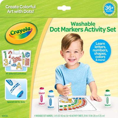 Crayola Washable Dot Markers Activity Set, 30 Toddler Coloring Pages & 4 Washable Markers, Dot Paints for Toddlers, Toddler Gifts, Ages 3+