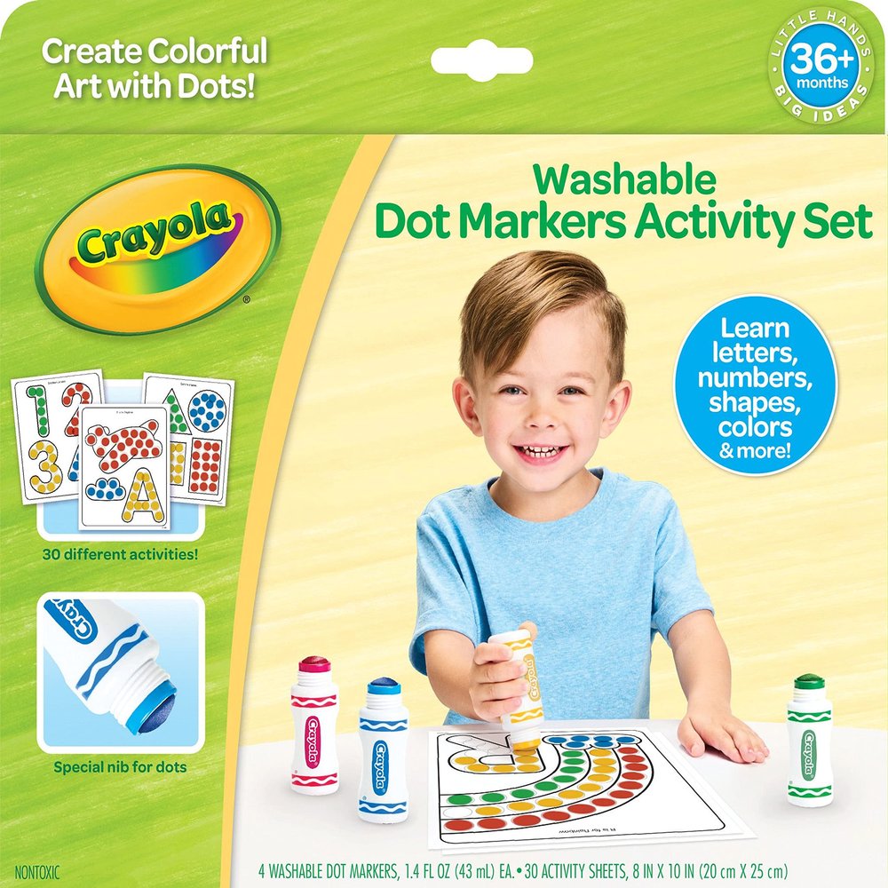 Crayola Washable Dot Markers Activity Set, 30 Toddler Coloring Pages & 4 Washable Markers, Dot Paints for Toddlers, Toddler Gifts, Ages 3+