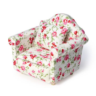 Dollhouse Couch with Pillow 1 12 Scale Miniature Sofa Arm Chair Living Room Furniture Wooden Fabric Frame Single Reading Chair Artificial House Room Scene Decoration (Rose Floral)