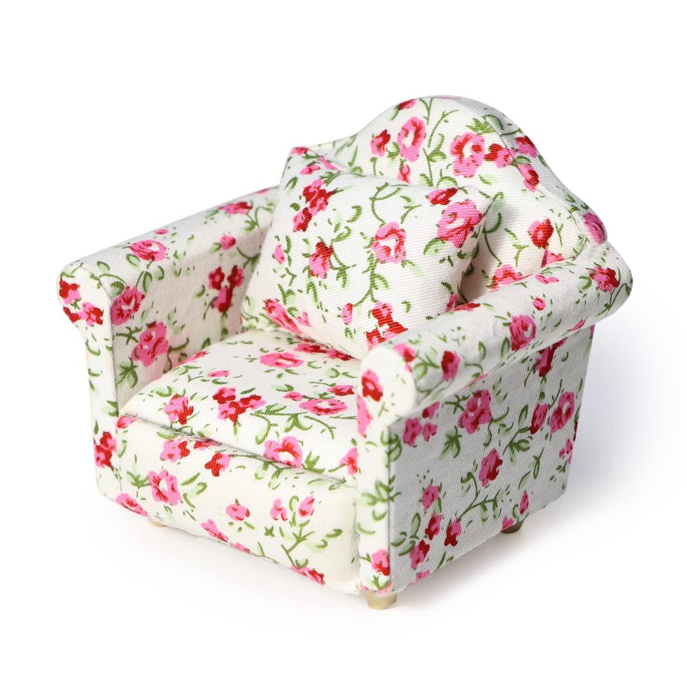 Dollhouse Couch with Pillow 1 12 Scale Miniature Sofa Arm Chair Living Room Furniture Wooden Fabric Frame Single Reading Chair Artificial House Room Scene Decoration (Rose Floral)
