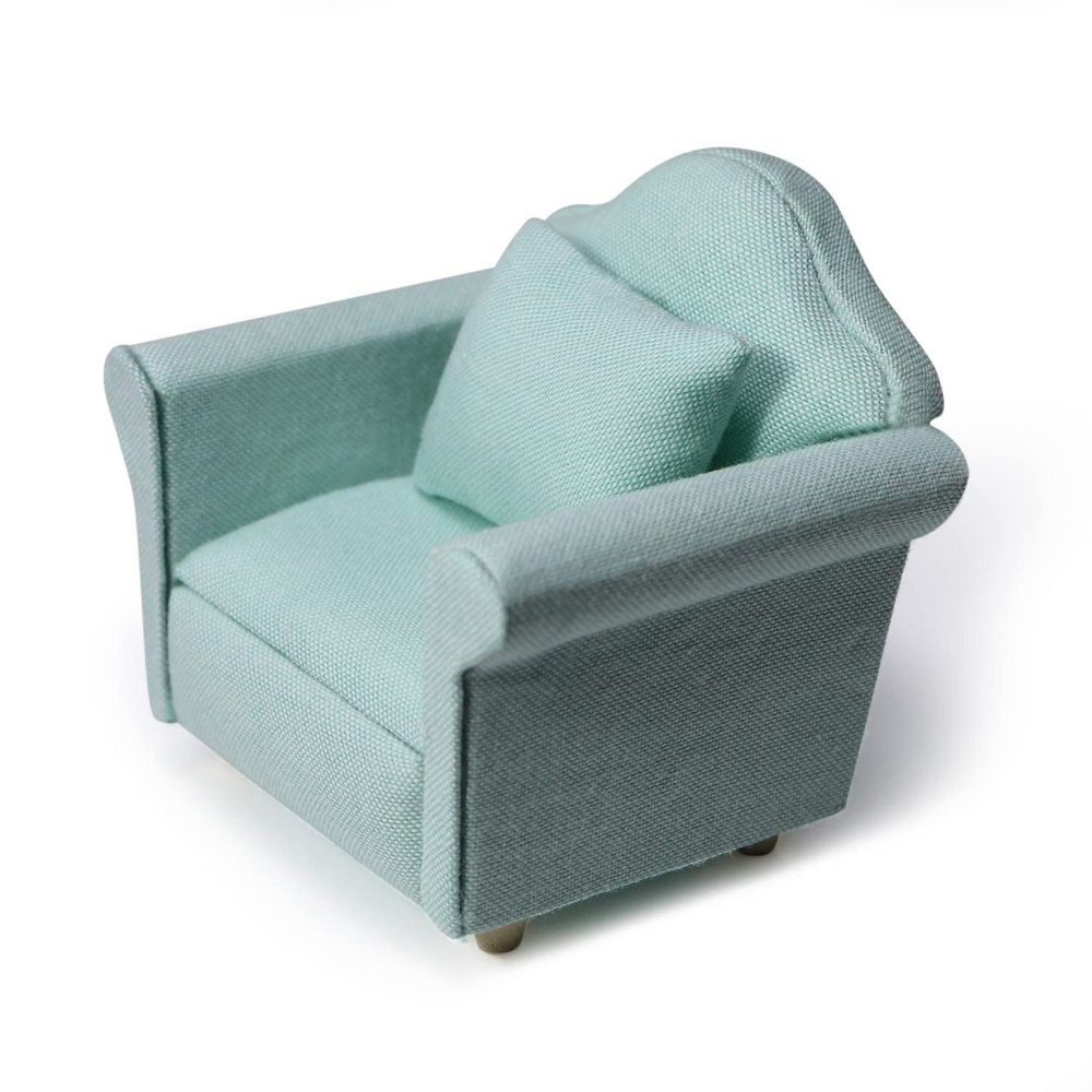 Dollhouse Couch with Pillow 1 12 Scale Miniature Sofa Arm Chair Living Room Furniture Wooden Fabric Frame Single Reading Chair Artificial House Room Scene Decoration (Green)