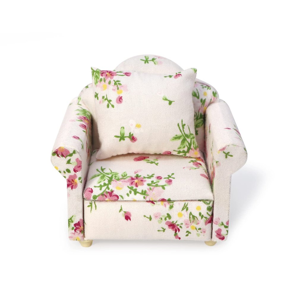 Dollhouse Couch with Pillow 1 12 Scale Miniature Sofa Arm Chair Living Room Furniture Wooden Fabric Frame Single Reading Chair Artificial House Room Scene Decoration (Pink)