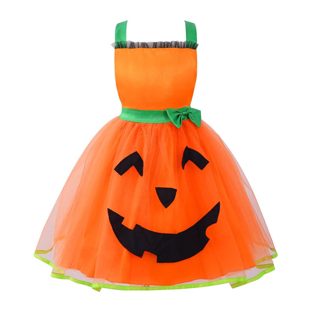 ACSUSS Kids Girls Halloween Pumpkin Dress Halter Neck Lace-up Tulle Tutu Gown Dance Leotard Orange 4 Years