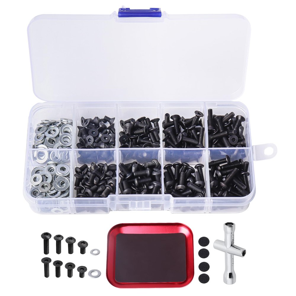 AllinRC 350pcs RC Screw Kit with Magnetic Tray & 4-Way Wrench for Traxxas TRX-4 Slash Rustler Arrma Axial SCX10 Losi Tamiya HPI 1/10 1/12 Scale Crawler Buggy Truck