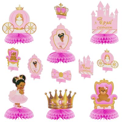 BeYumi 12Pcs Royal Princess Themed Honeycomb Centerpiece Table Toppers for Baby Girls African American Little Princecess Black Girl Castle Tiara Pink and Gold Baby Shower Birthday Party Decoration