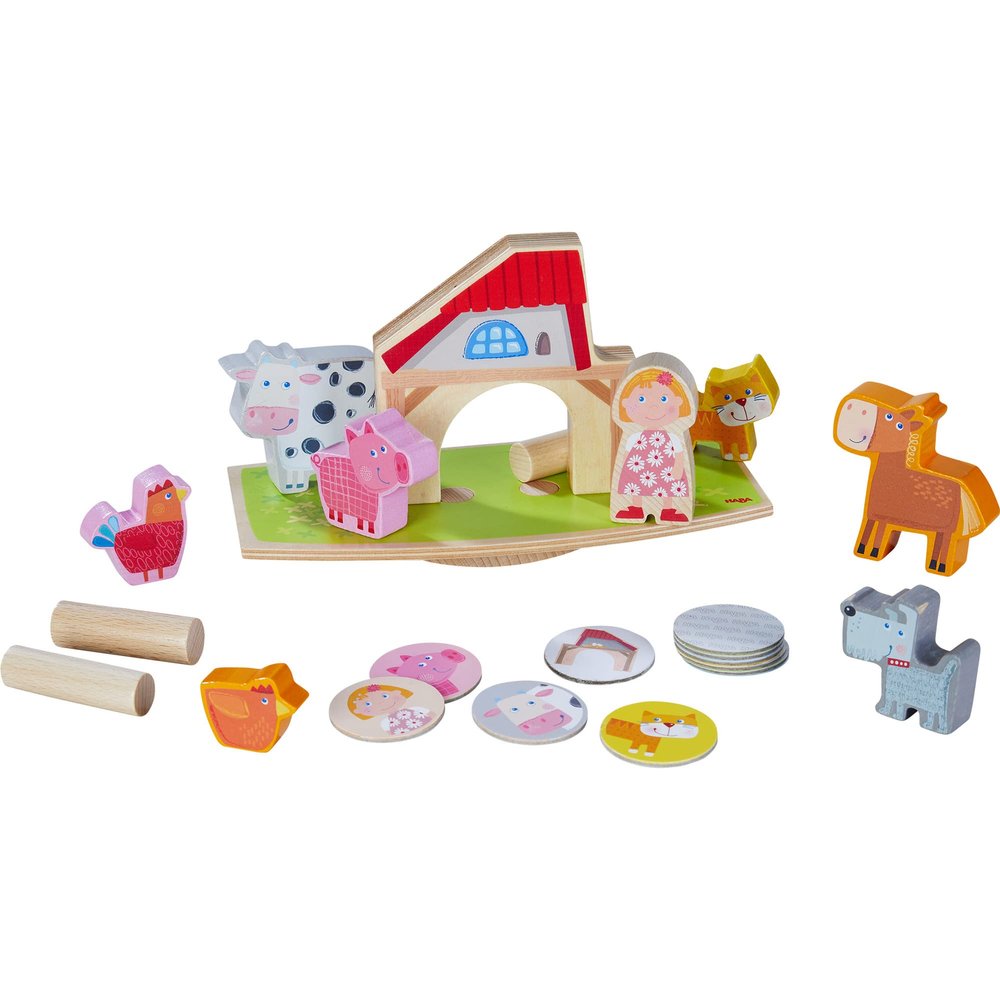 HABA Wooden Toddler Stacking Toys, On The Farm Balancing Game and Wooden Montessori Toys for Preschool Learning, Includes 12 Animal Figures, Made in Germany