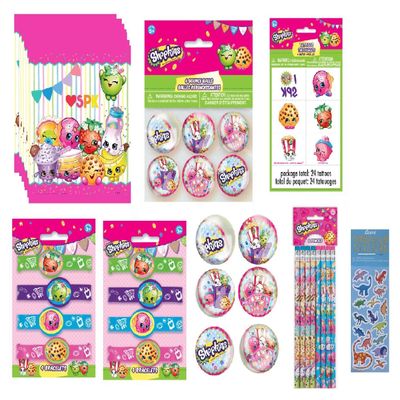 Unique Shopkins Birthday Party Supplies Favor Bundle Pack includes 8 Loot Bags, 8 BounceBalls, 8 RubberBracelets, 8Pencils, 24Tattoos, 1 Dinosaur Sticker Sheet