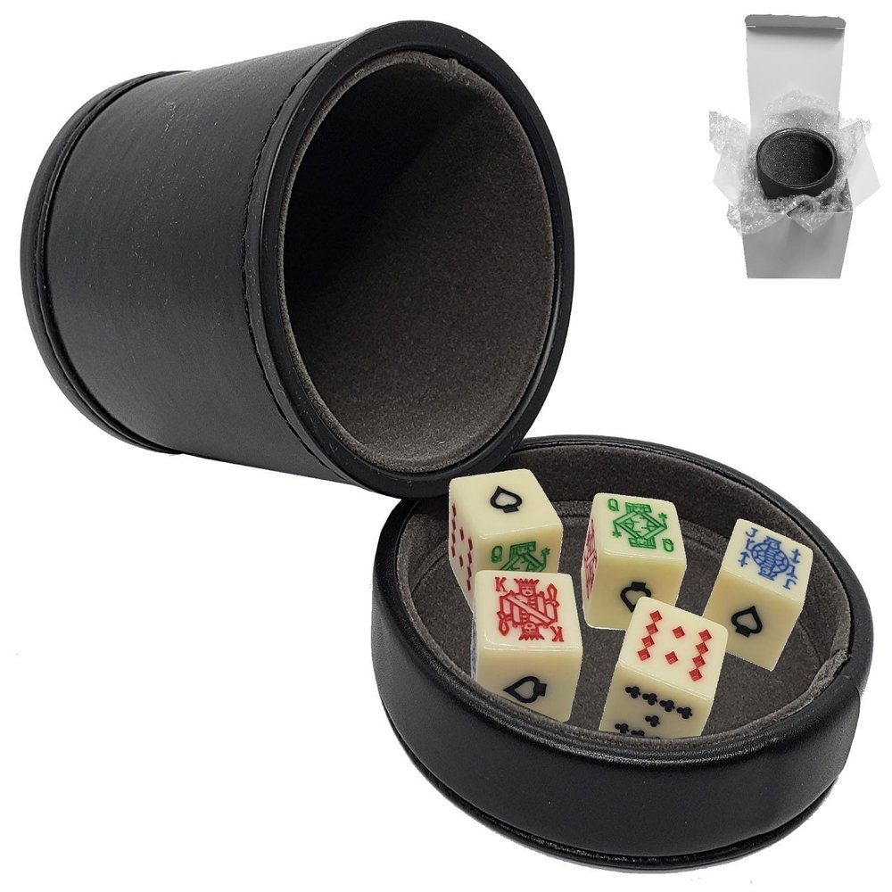 Cyber-Deals PU Leather Dice Cup, Premium Felt Lined Lid/Tray and Poker Dice Set in White Gift Box (Black/Dark Grey Cup, Ivory Tone Dice)