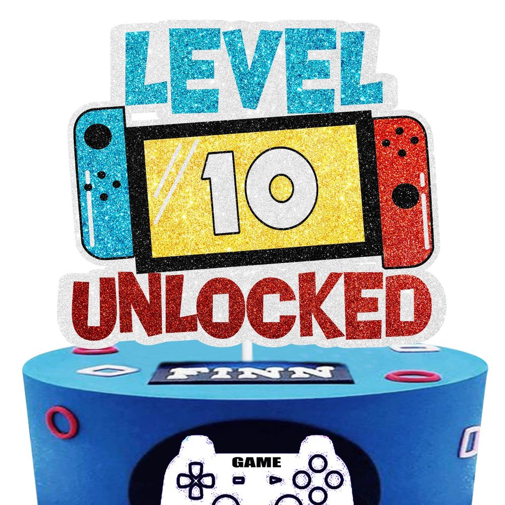 Level 10th Unlocked Cake Topper - Electronic Games Theme Boys Birthday Party Decorations Supplies - 10th Happy Birthday