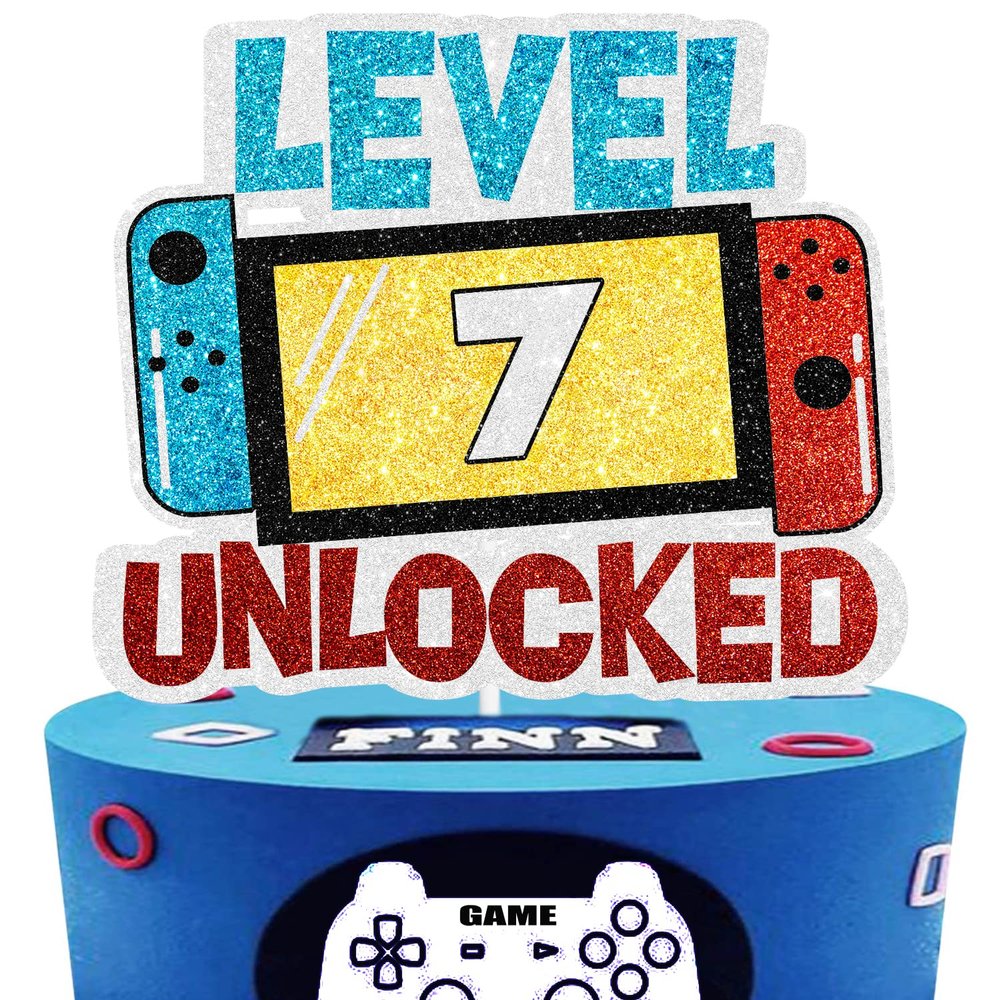 Level 7th Unlocked Cake Topper - Electronic Games Theme Boys Birthday Party Decorations Supplies - 7th Happy Birthday