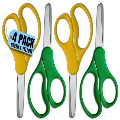 1InTheOffice Safety Scissors for Kids, 5-Inch Blunt Tip Scissors, Left and Right Handed, Green and Yellow (4 pack)