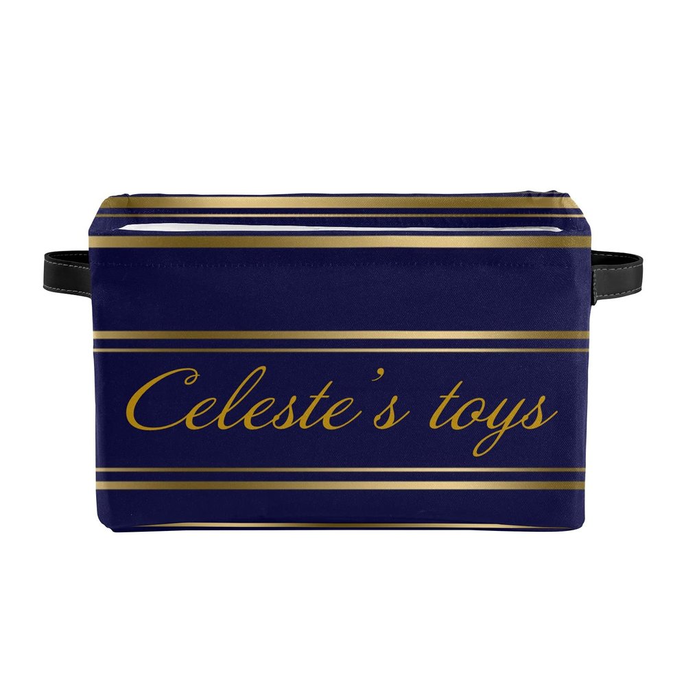 Joyestore Navy Blue & Gold Stripes Personalized Storage Bins ,Baskets Cubes Organizer with Handle for Shelves Closet Nursery Toy 1 Pack