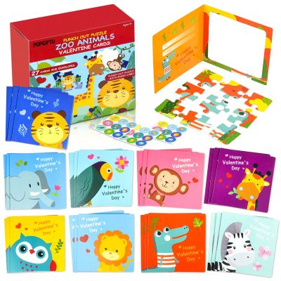 Valentines Day Puzzle Cards for Kids, 27 Pack Animal Jigsaw Puzzle Cards with Envelopes & Stickers Bulk for Classroom Gift Exchange, Valentine Party Favors for School Toddlers Girls Boys Class Prizes