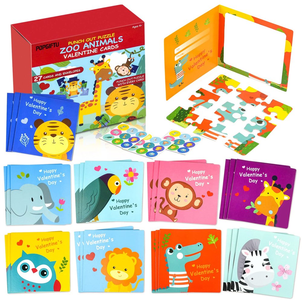 Valentines Day Puzzle Cards for Kids, 27 Pack Animal Jigsaw Puzzle Cards with Envelopes & Stickers Bulk for Classroom Gift Exchange, Valentine Party Favors for School Toddlers Girls Boys Class Prizes
