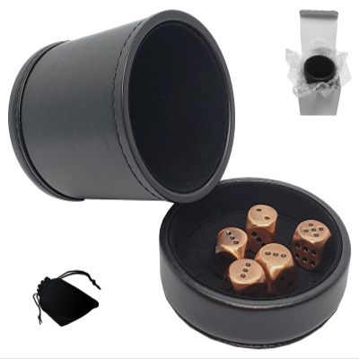 Cyber-Deals PU Leather Dice Cup, Felt Lined Lid/Tray, Alloy Dice with Pouch Set in White Gift Box (Black/Black Cup/Lid, Antique Copper (Black Dot) Dice)