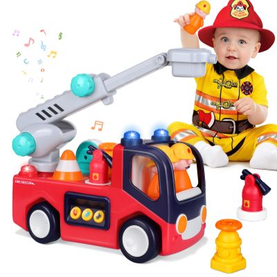 Yunaking Fire Truck Toys for 2 Year Old Boys Girls Montessori Early Educational Learning Toy with Firefighting Tools Baby Push Cars for 2 3 Year Old Boy Birthday Gifts with Sound Lights Effect