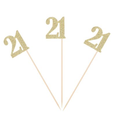 21st Birthday Centerpiece Sticks Gold Glittery Number 21 Table Topper Birthday Flower Picks Paper Sign - Pack of 10