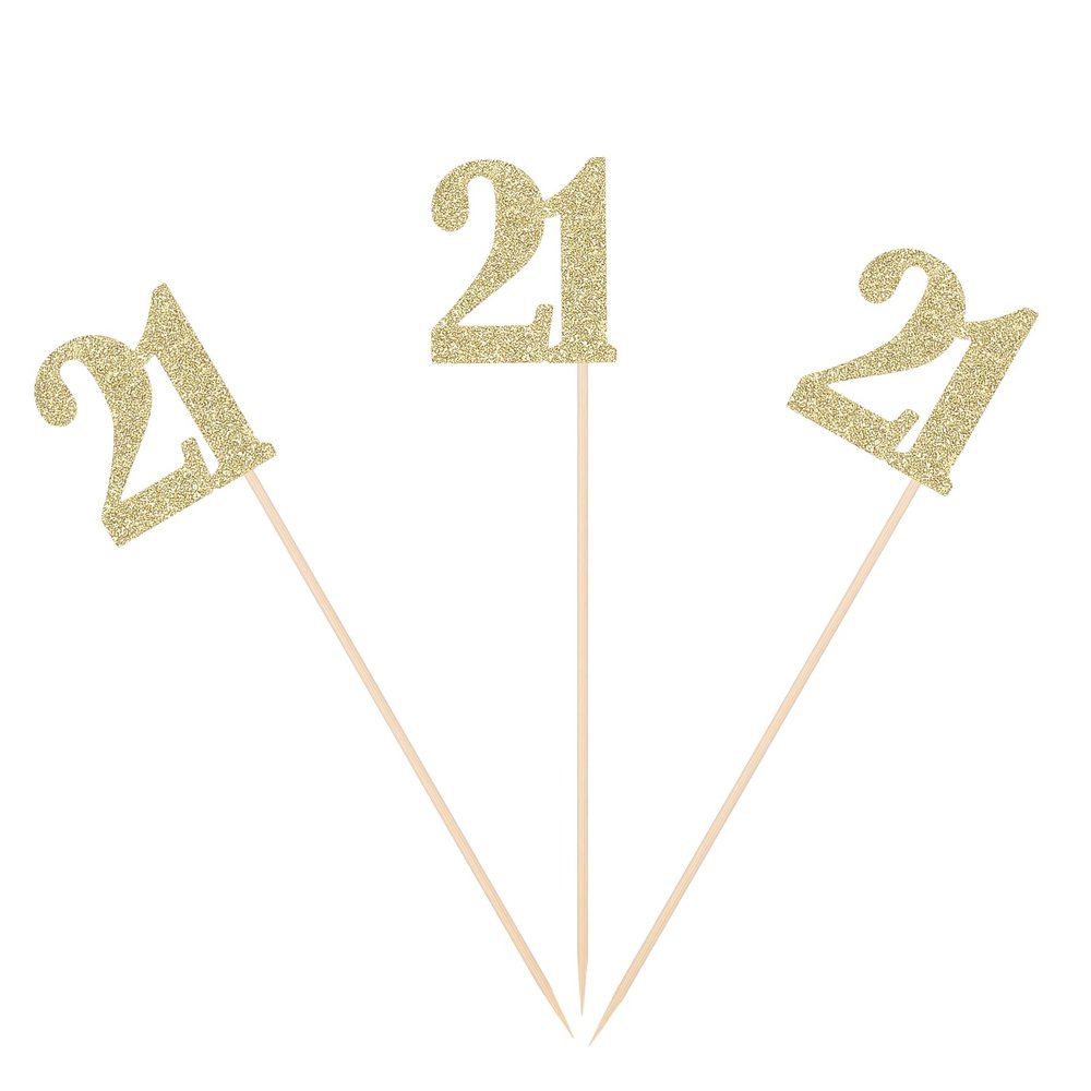 21st Birthday Centerpiece Sticks Gold Glittery Number 21 Table Topper Birthday Flower Picks Paper Sign - Pack of 10