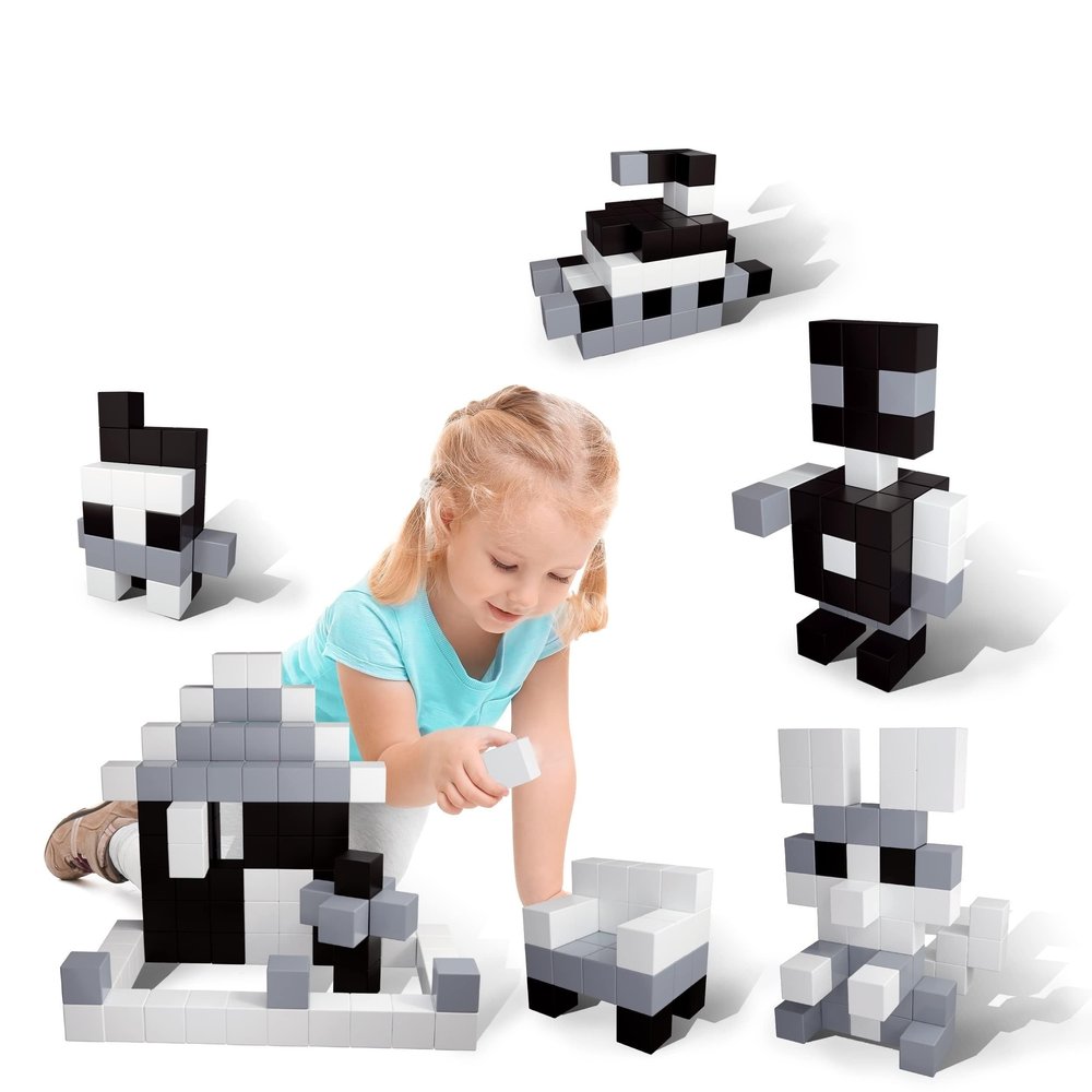 PicassoTiles 101pc Magnetic Puzzle Cube Set Black and White 1 Inch Construction Blocks STEM Educational Toy for Kids Age 3 Plus Sensory Learning Kit with Idea Book for Building and Creativity PMC101