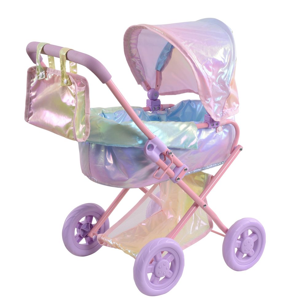 Olivia's Little World Baby Doll Stroller, 2-in-1 Doll Pram Buggy for Girls Age 3+, Fits up to 18 Dolls, Baby Stroller for Dolls, Stroller Toy for Kids, Iridescent