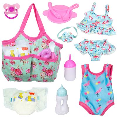 UNICORN ELEMENT 8 Pcs Baby Doll Clothes and Accessories, Baby Feeding and Caring Set with Doll Diaper Bag, Clothes, Diapers, Bottles, Pacifier, Swimsuits,Best Gift for Kids