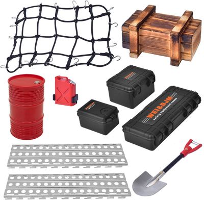GLABACT 10 Pcs RC Crawler Car roof Decoration Luggage Net/Oil Drum/Wood Box/Fuel Tank/Recovery Board/Toolbox/Shovel for RC 1/10 Crawler Trx4 Trx6 AXIAL SCX10 Redcat GEN 7 8 Rc4wd Accessories