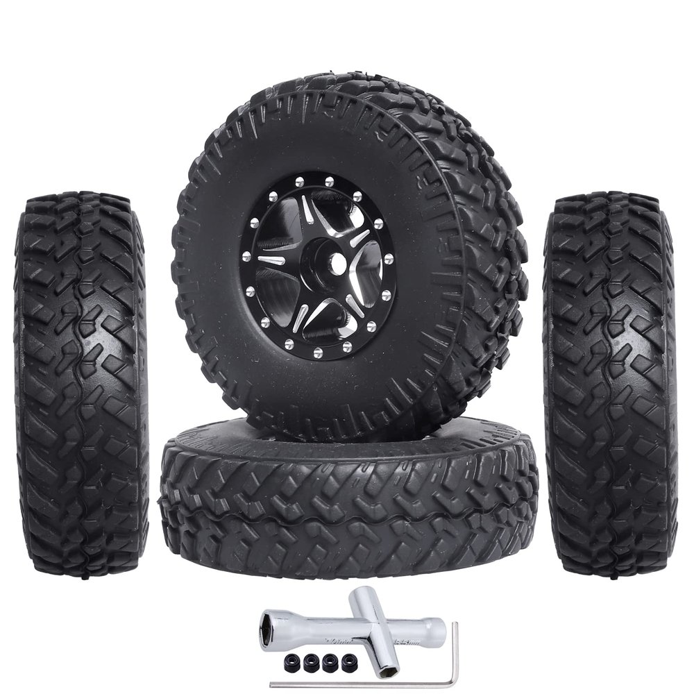 1.0 Beadlock Wheels & Tires Set Micro Tyres Foam Inserts with Locknuts and Wrench for 1/24 RC Crawler Axial SCX24 90081 Deadbolt Chevrolet C10 (Style 2)