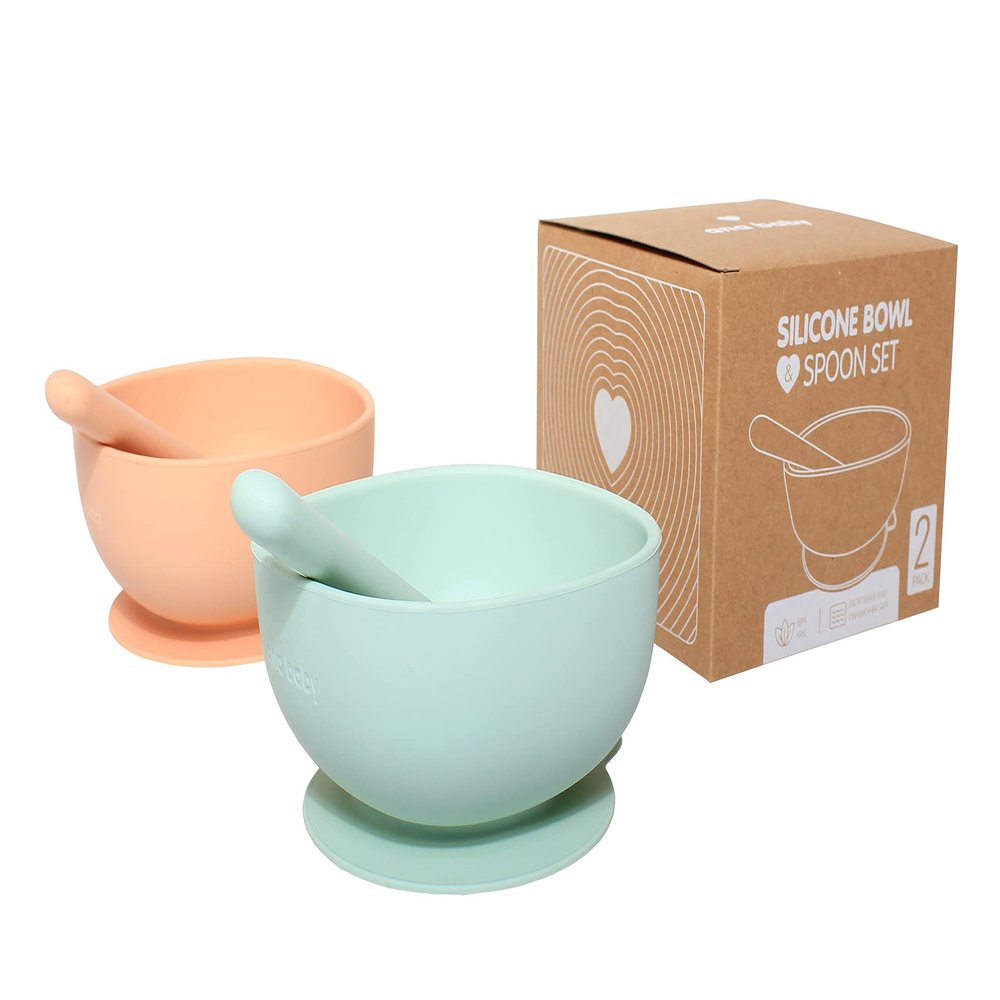 Silicone Suction Bowl and Spoon Matching 2 Pack Set in Light Green and Peach, BPA Free, Dishwasher, Microwave and Freezer Safe