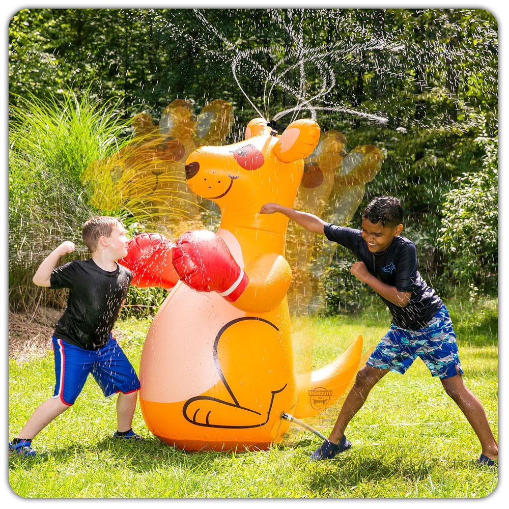 BigMouth Inc Giant Inflatable Boxing Kangaroo Sprinkler, Backyard Water Splash Toy with Punching Gloves and 360 Spray Action for Kids Ages 5 Plus, 5 Foot Tall Lawn Summer Play Feature