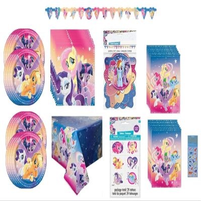 My Little Pony Birthday Party Supplies Favor Deluxe Bundle Pack Serves 16 includes 16 Plates, 16 Napkins, 1 Table Cover, 1 Banner, 16 Loot Bags, 24Tattoos, 1 Dinosaur Sticker Sheet