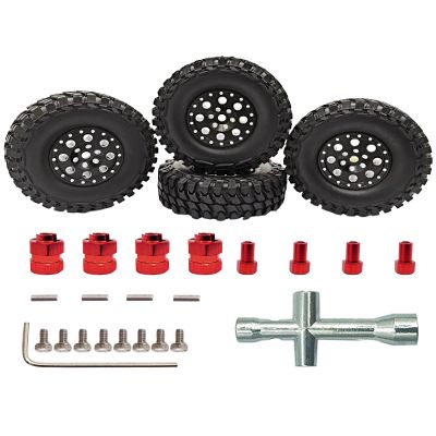 HOPLEX Beadlock Wheels and Tires 4Pcs Metal Micro Crawler Tires with Red 7mm RC Wheel Hex Hub Spacer for Axial SCX24 90081 1/24 RC Crawler Car Upgrade Parts Accessories