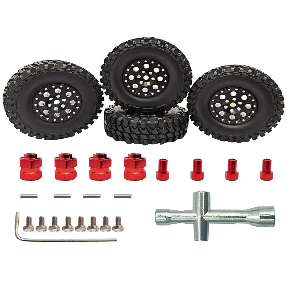 HOPLEX Beadlock Wheels and Tires 4Pcs Metal Micro Crawler Tires with Red 7mm RC Wheel Hex Hub Spacer for Axial SCX24 90081 1/24 RC Crawler Car Upgrade Parts Accessories