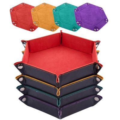 SIQUK 4 Pieces Dice Tray Set Foldable Dice Trays Hexagon Dice Rolling Tray PU Leather Dice Holder for Dice Games like RPG, DND and Other Table Games(Orange, Yellow, Cyan, Violet)