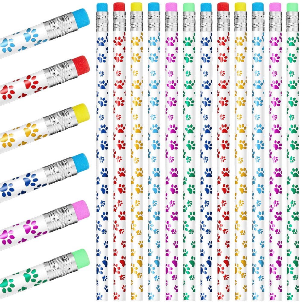 Chinco 36 Pieces Paw Print Pencils Dog Paw Wooden Writing Novelty Pencils with Erasers for Kids Doggy Party Favors Welcome Back to School Party Supplies, 6 Colors