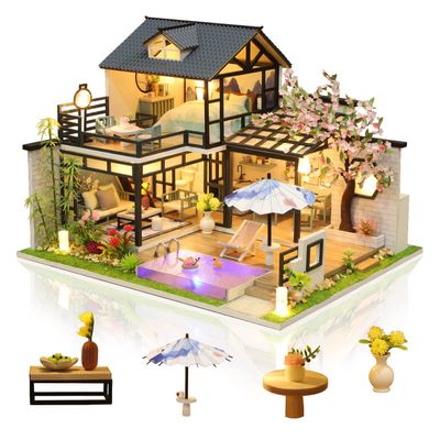 GuDoQi DIY Miniature Dollhouse Kit, Tiny House kit with Music, Miniature House Kit 1:24 Scale, Great Handmade Crafts Gift for Birthday Christmas Day, Vintage Courtyard