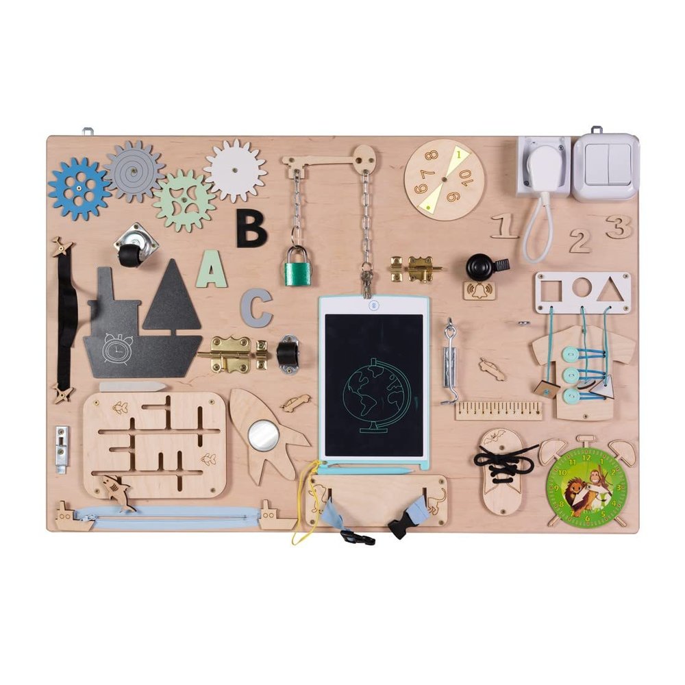 3toysm MIA Montessori Busy Board Sensory Activity Board Natural Wood Transport 75 cm