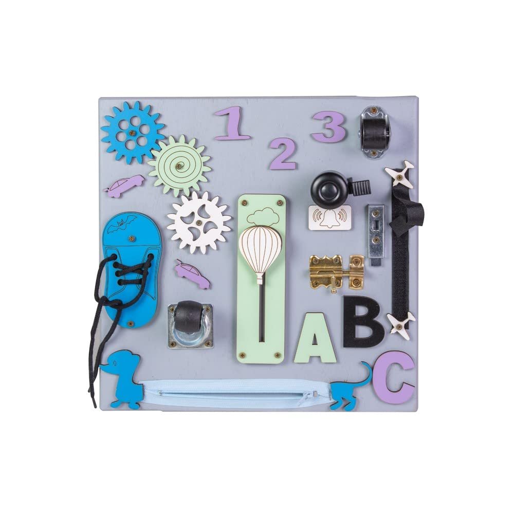 MIA Montessori Busy Board Sensory Activity Board Grey Wooden Transport 30 cm