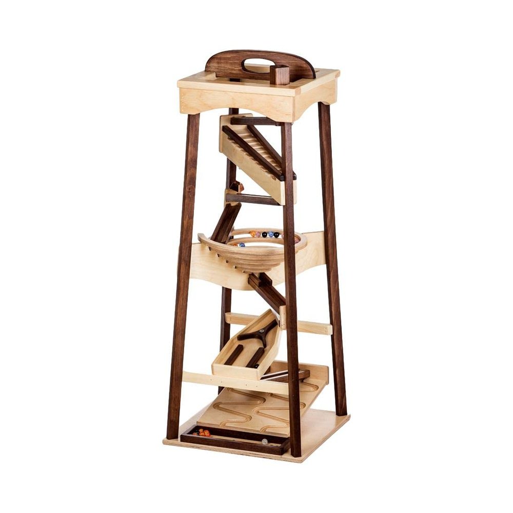 AmishToyBox.com Pyramid Marble Tower Run Wooden Toy - 39" High - Pack of Marbles Included (Walnut and Natural Finish)