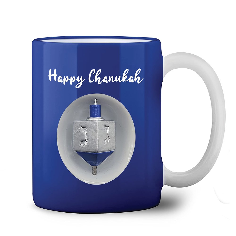 Ner Mitzvah Spinning Hanukkah Dreidel Mug - Happy Hanukkah Decorations - Blue & White Hanukkah Party Favors Idea