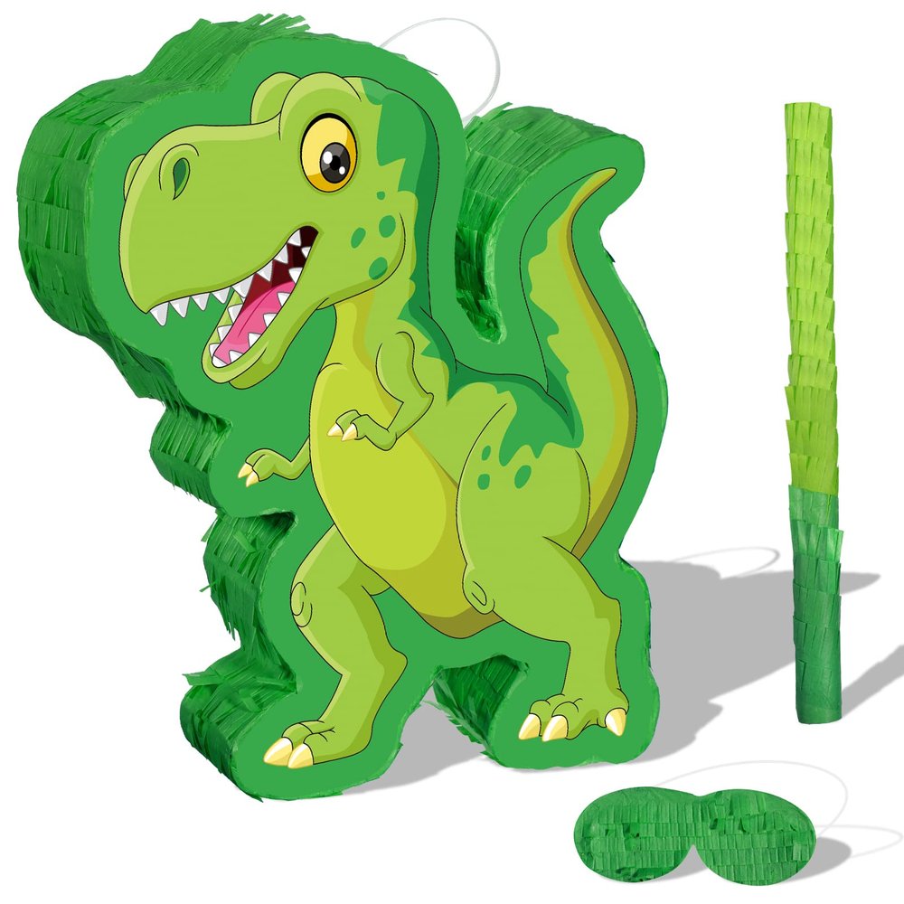 Zonon Green Dinosaur Piata Bundle, String Piata Dinosaur with a Blindfold and Stick Pull for Animal Themed Birthday Parties, Decorations Supplies, 16.5 x 11.8 x 3.1 Inches
